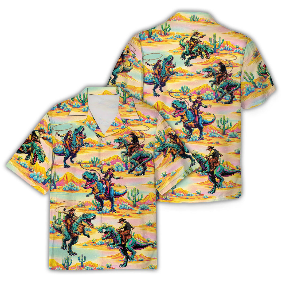 Rodeo T-Rex neon Hawaiian shirt featuring a vibrant desert landscape and lasso-swinging dinosaur riders