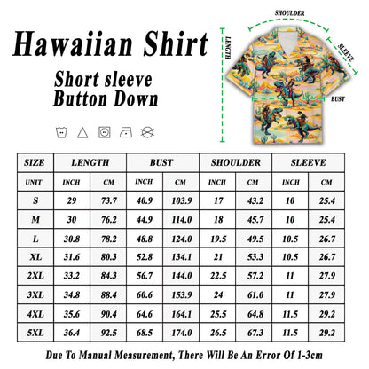 Lifestyle presentation view of the rodeo T-Rex neon Hawaiian shirt