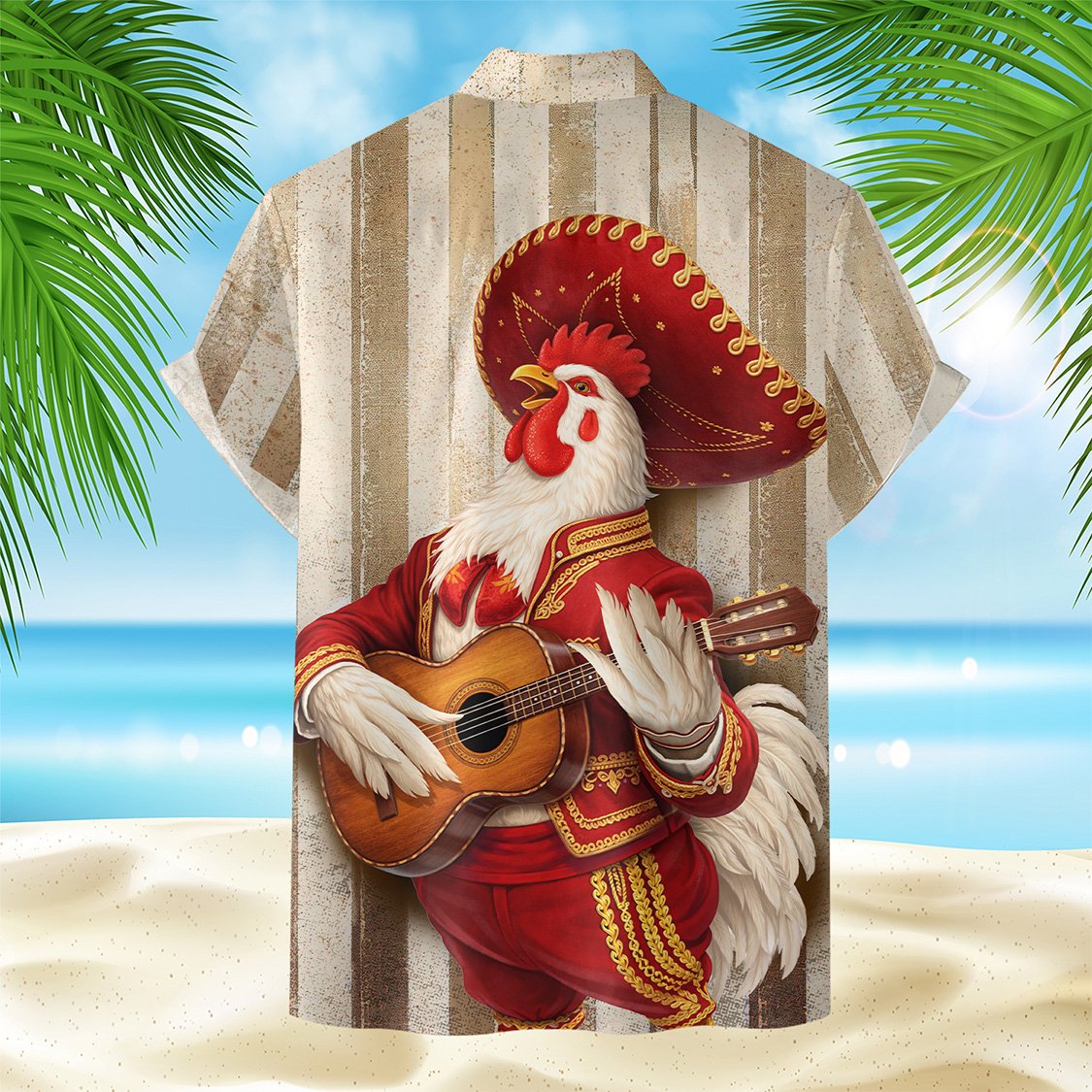 Back view of the rooster mariachi hawaiian shirt
