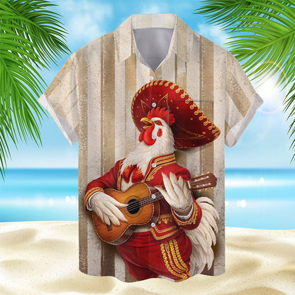 Detailed front view of the rooster mariachi hawaiian shirt