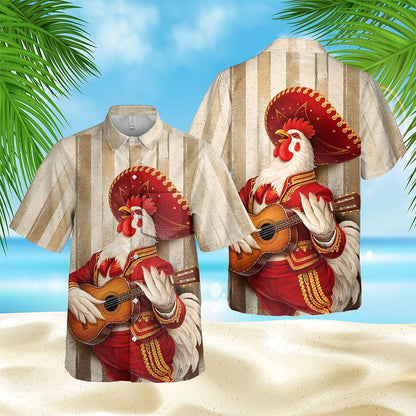 Close up front view showing the rooster illustration on the hawaiian shirt