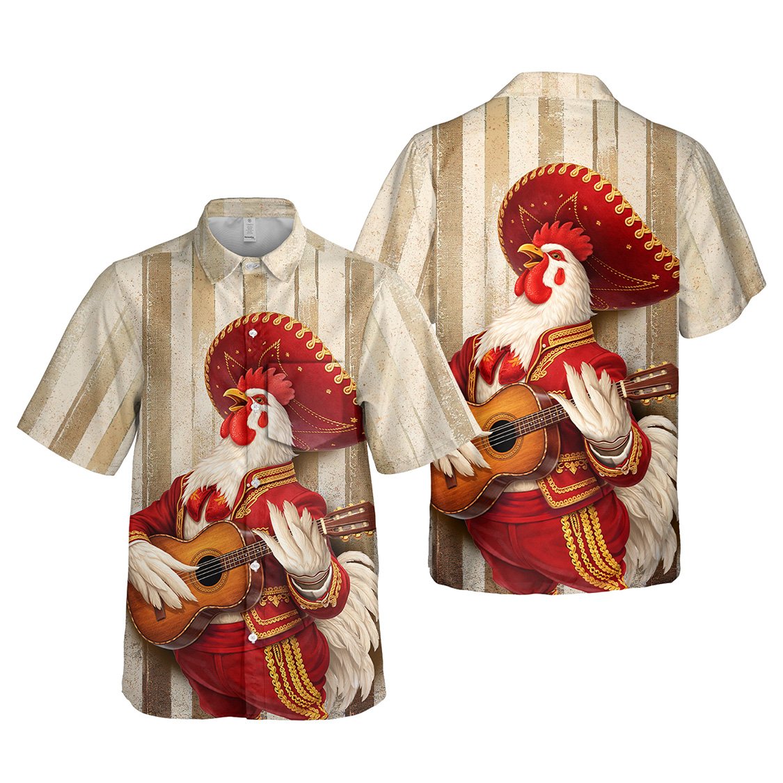 Rooster mariachi hawaiian shirt featuring vintage stripes, main view