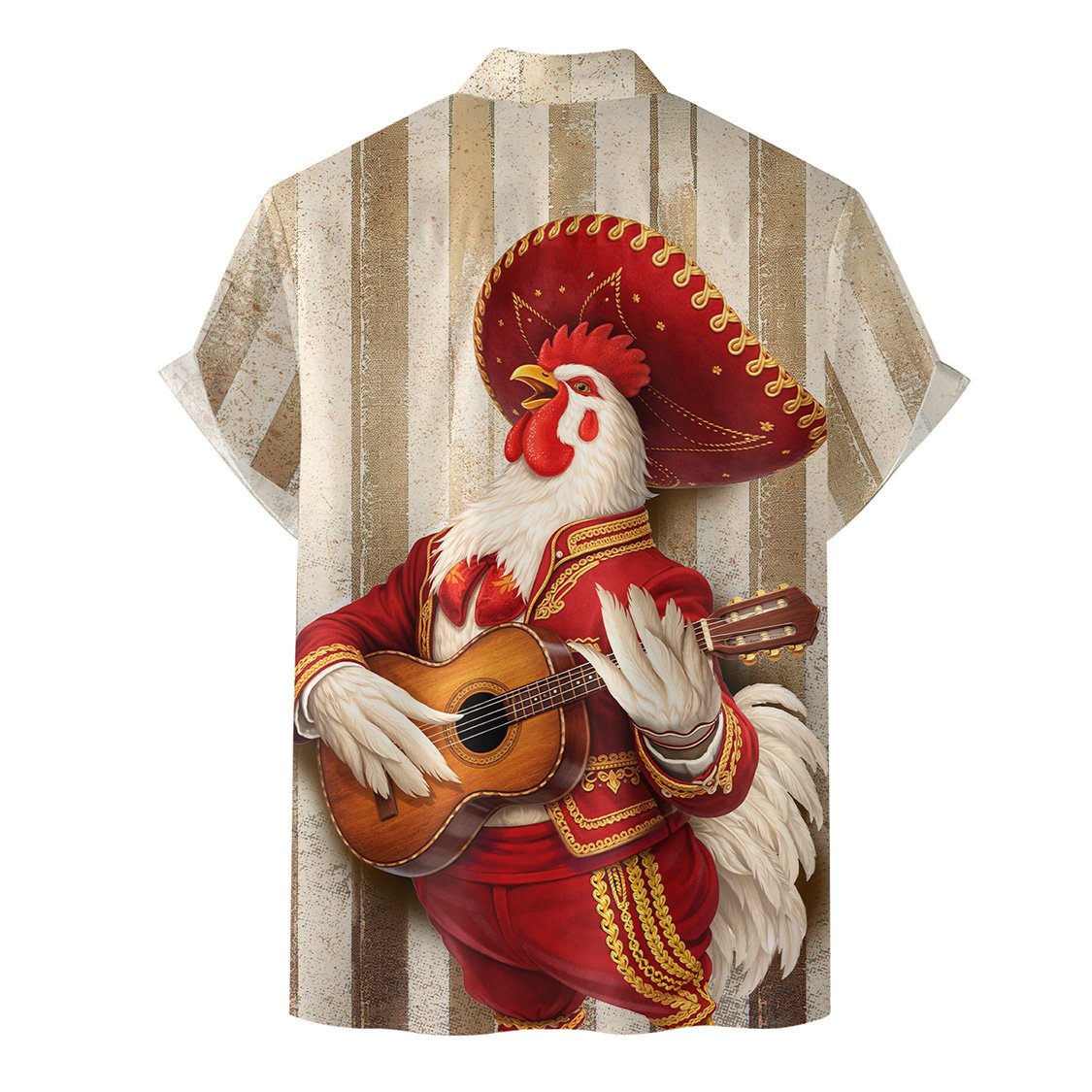 Lifestyle view of the rooster mariachi hawaiian shirt being worn