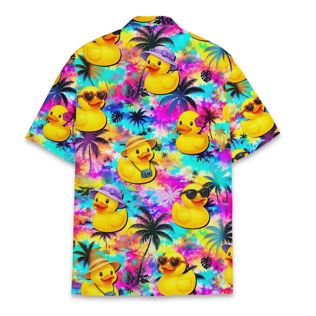 Back view of the vibrant multicolor rubber hawaiian shirt