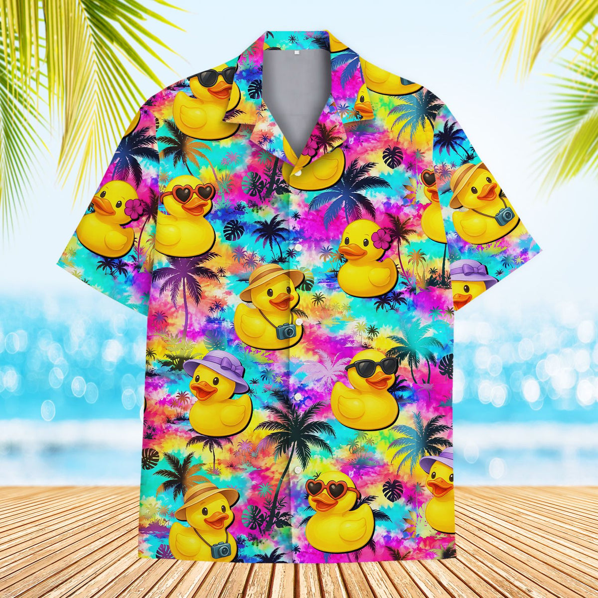 Matching family hawaiian shirts with neon tie-dye background and palm tree design, main view