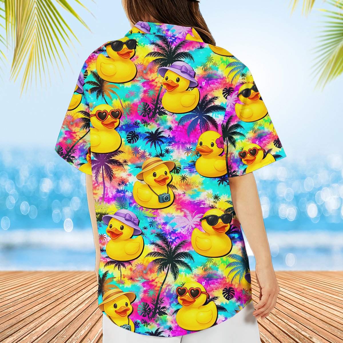 Final lifestyle view of the multicolor tie-dye style hawaiian shirt