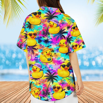 Final lifestyle view of the multicolor tie-dye style hawaiian shirt