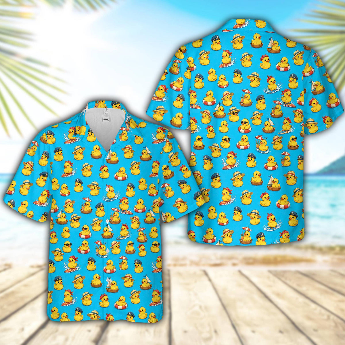 Matching family Hawaiian shirt with light blue background and yellow rubber ducky pattern, front view