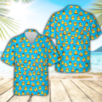 Matching family Hawaiian shirt with light blue background and yellow rubber ducky pattern, main view