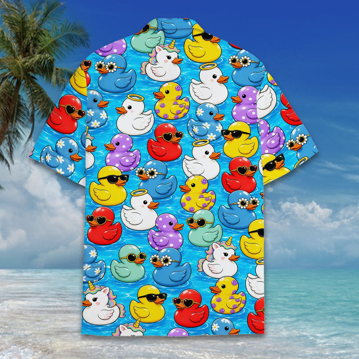 Alternative back view of the rubber ducks hawaiian shirt