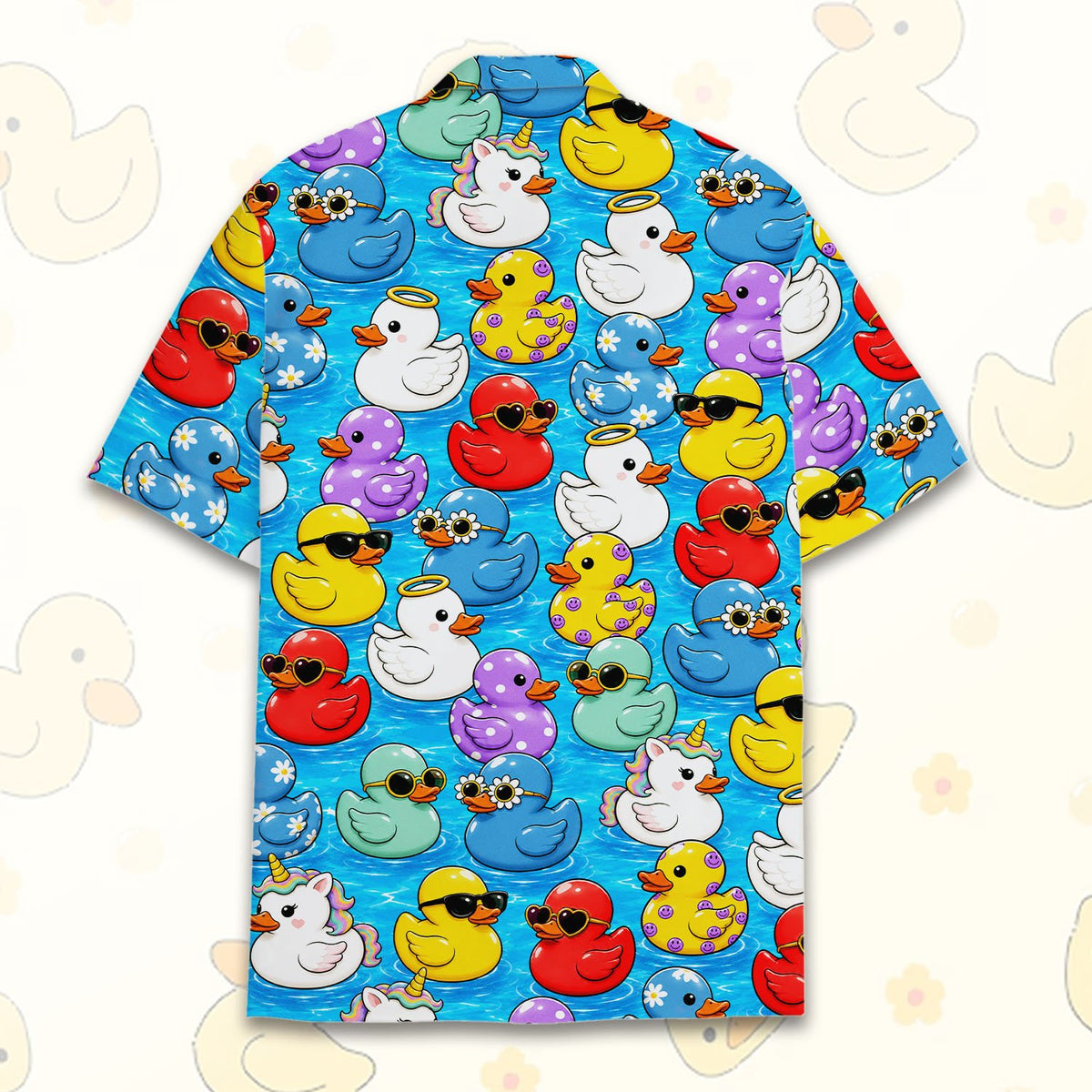 Back view of the rubber hawaiian shirt showing the all-over duck pattern