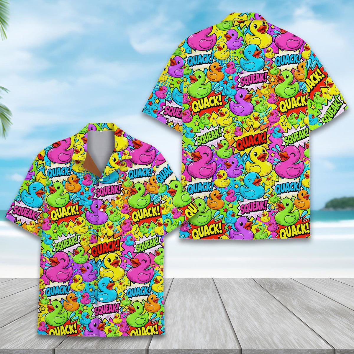 Another front view of the rubber ducky hawaiian shirt