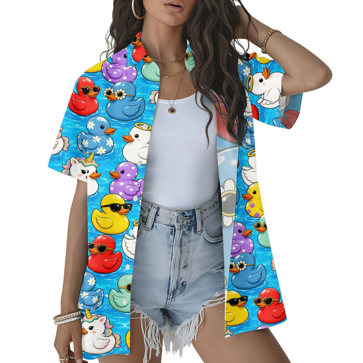 Additional front perspective of the rubber ducks hawaiian shirt