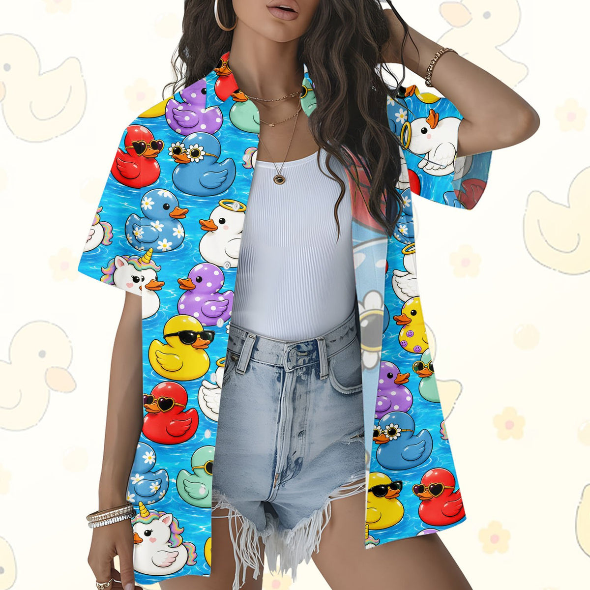Close-up front view detailing the rubber ducks print on the hawaiian shirt