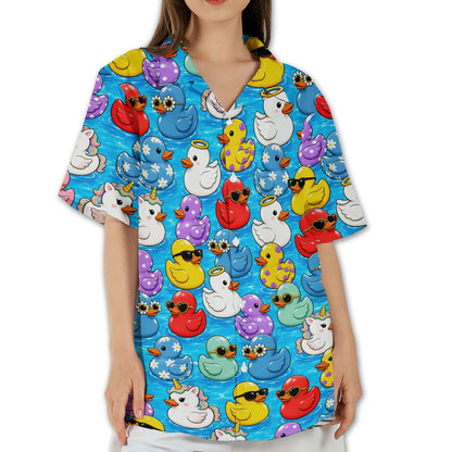 Full front view of the blue summer hawaiian shirt with rubber ducks