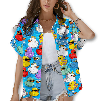 Front view of the rubber hawaiian shirt with bright floating ducks