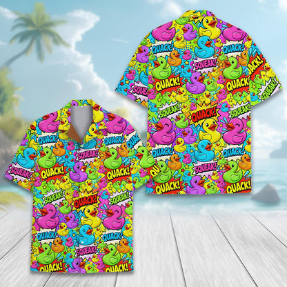 Front view of the colorful pop art rubber ducks hawaiian shirt