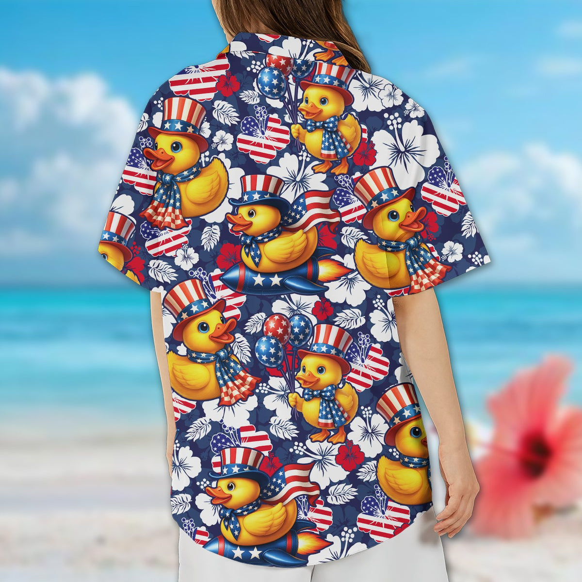 Detailed back view of the matching family hawaiian shirt perfect for holiday events