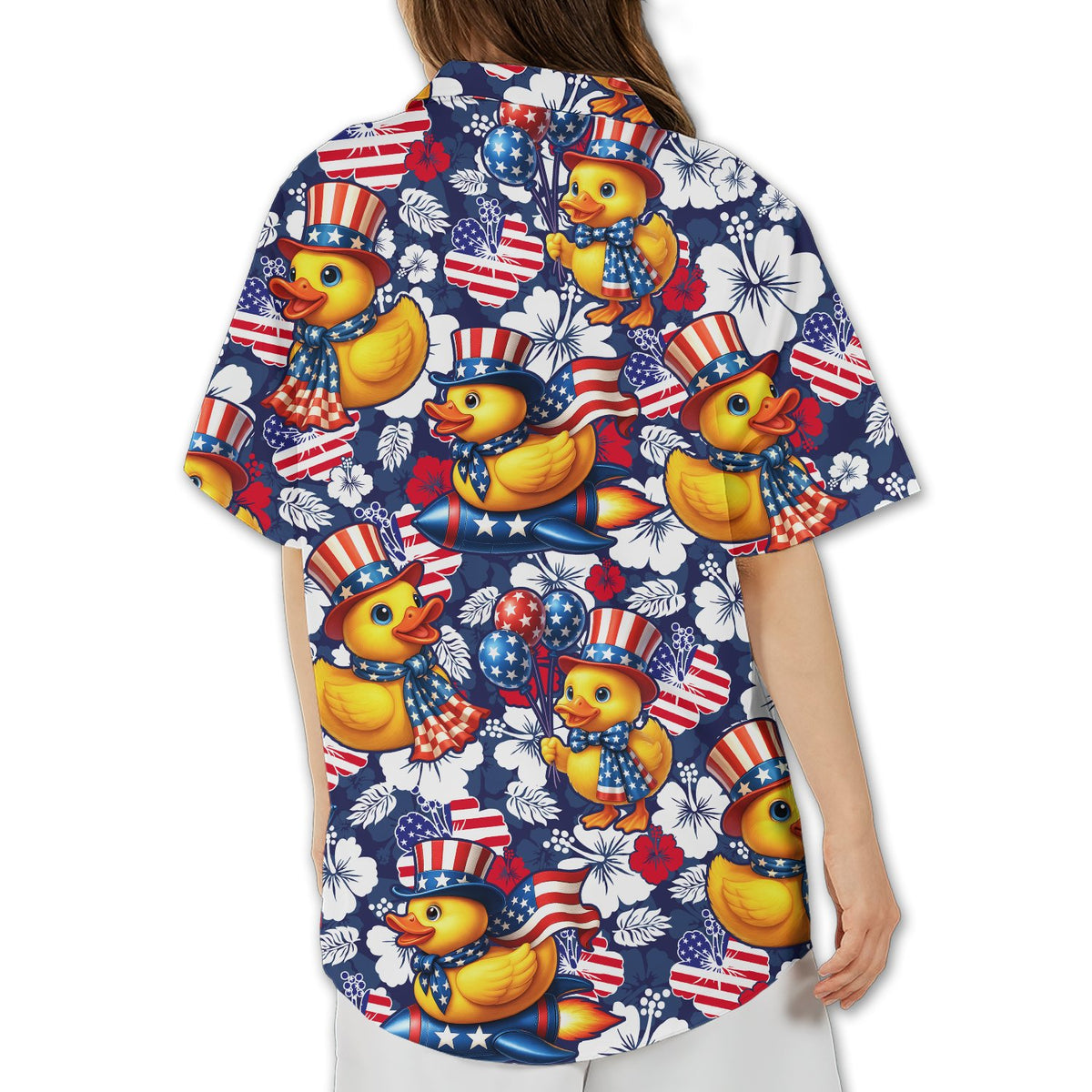 Back view of the tropical hawaiian shirt displaying the repeating patriotic rubber ducks pattern
