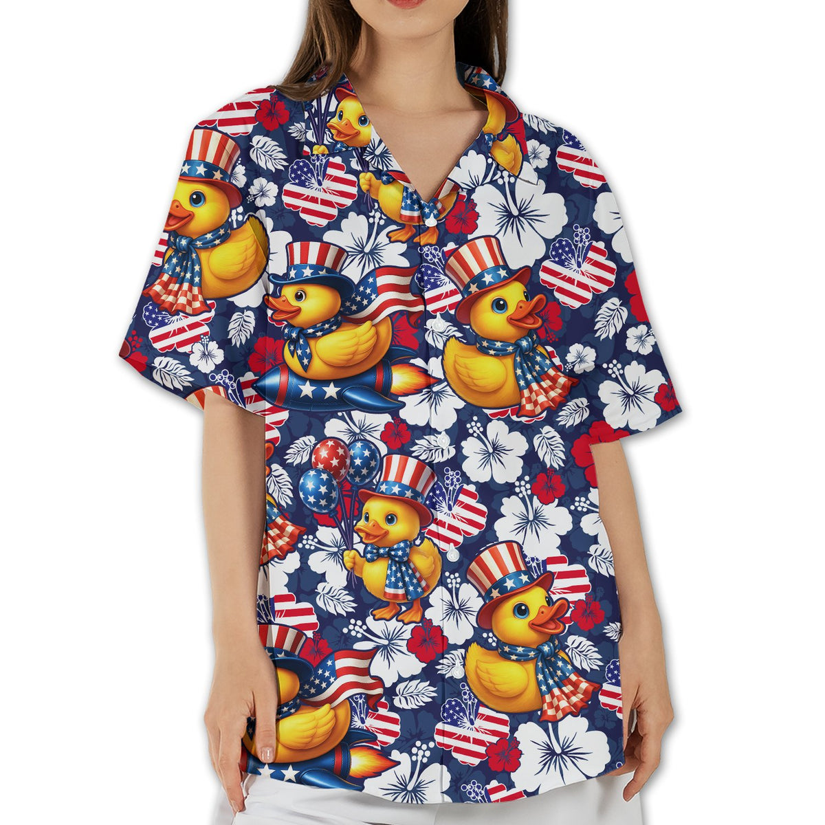 Detailed front view of the fourth of july hawaiian shirt showing hibiscus and rockets