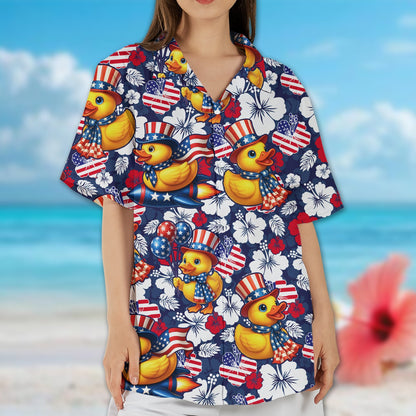 Close up of the front collar and button details on the navy rubber hawaiian shirt