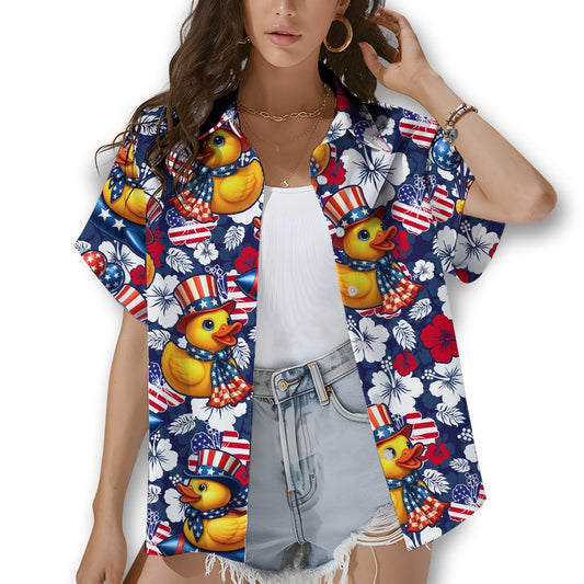 Main view of the navy rubber hawaiian shirt featuring patriotic rubber ducks and American flags