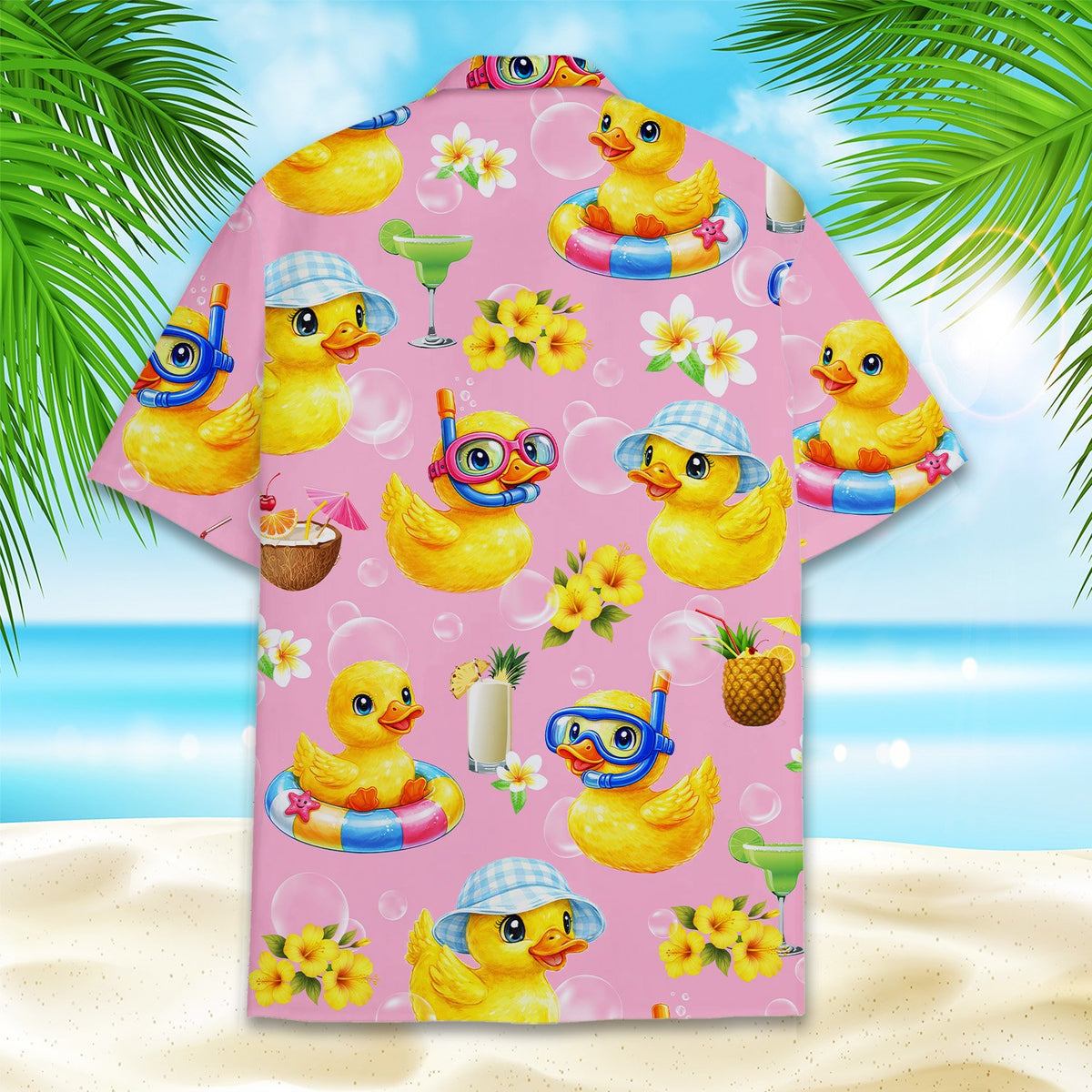 Back view of the matching family Hawaiian shirt with rubber duck pattern