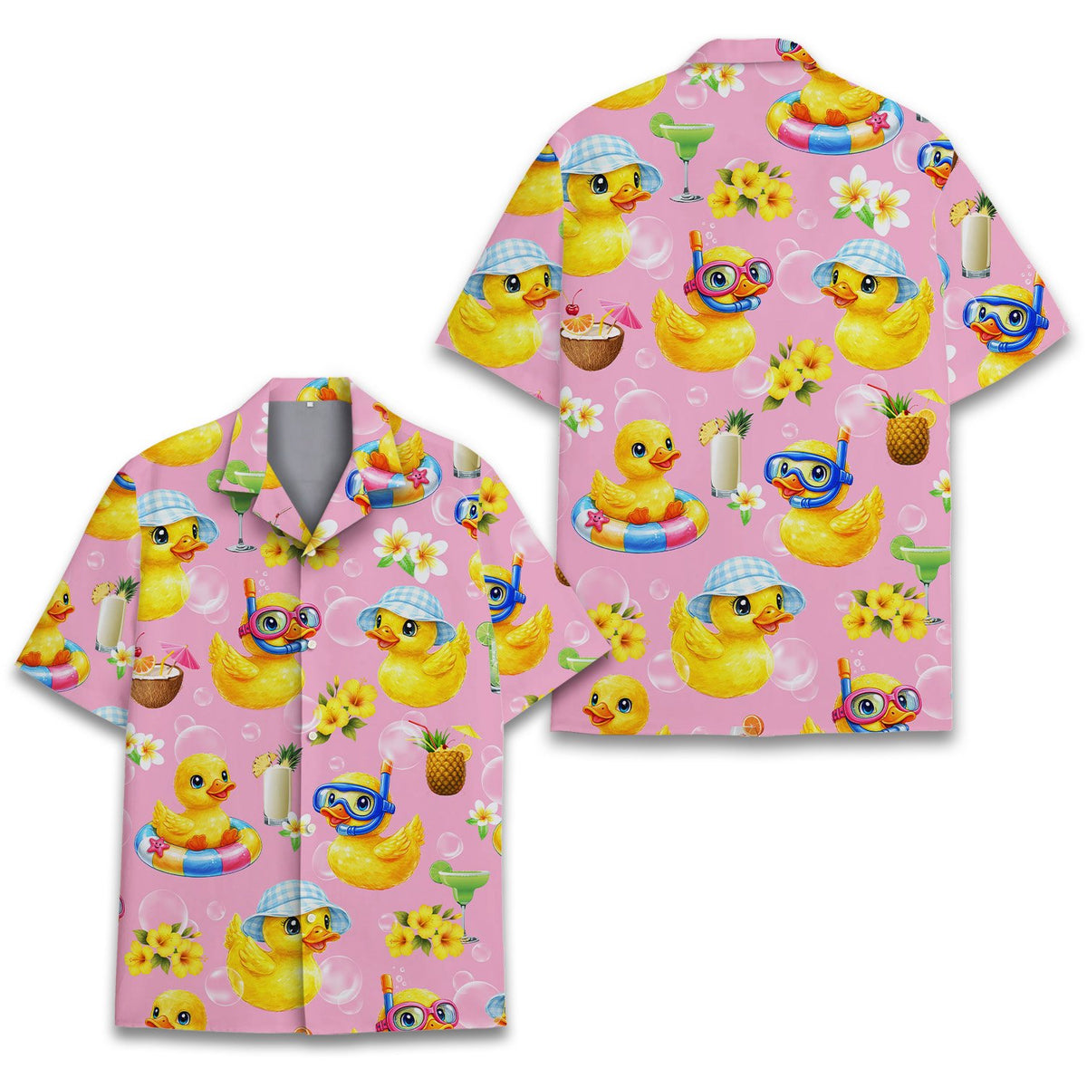 Alternate front view of the pink rubber duck Hawaiian shirt
