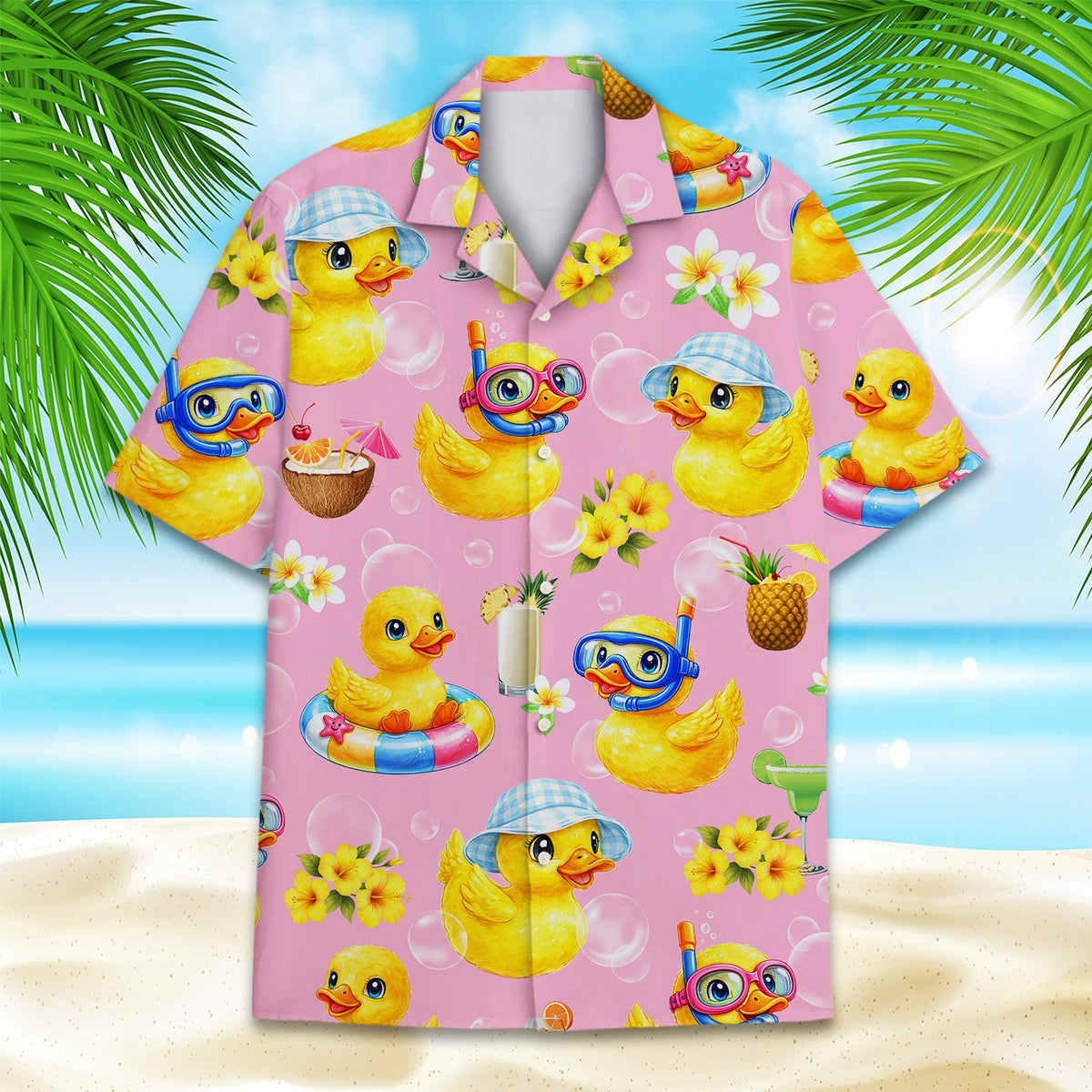 Front view of the matching family Hawaiian shirt in pink with rubber ducks