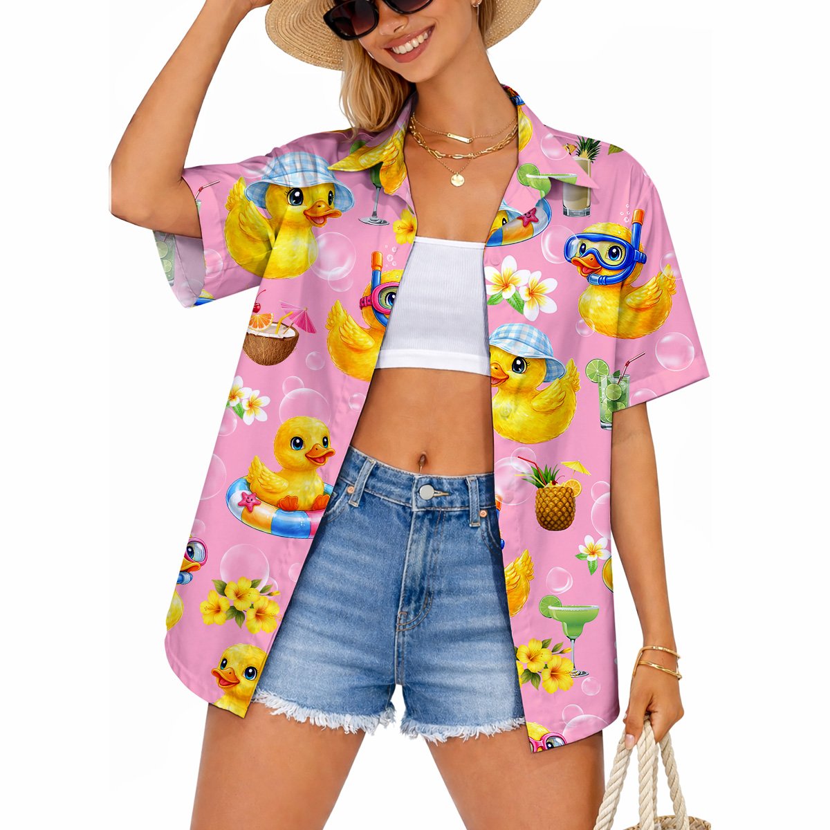 Lifestyle view of a family wearing the matching pink rubber duck Hawaiian shirts