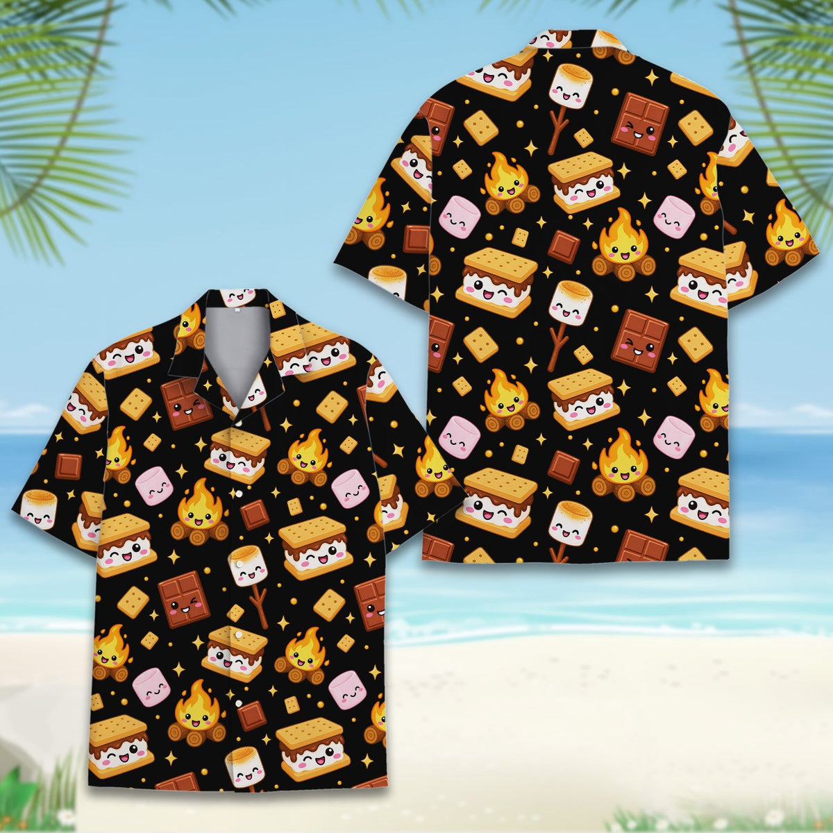 Detailed front view of the black hawaiian shirt with marshmallow design