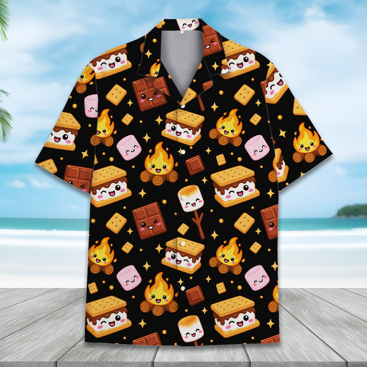 Another front view of the s'mores hawaiian shirt