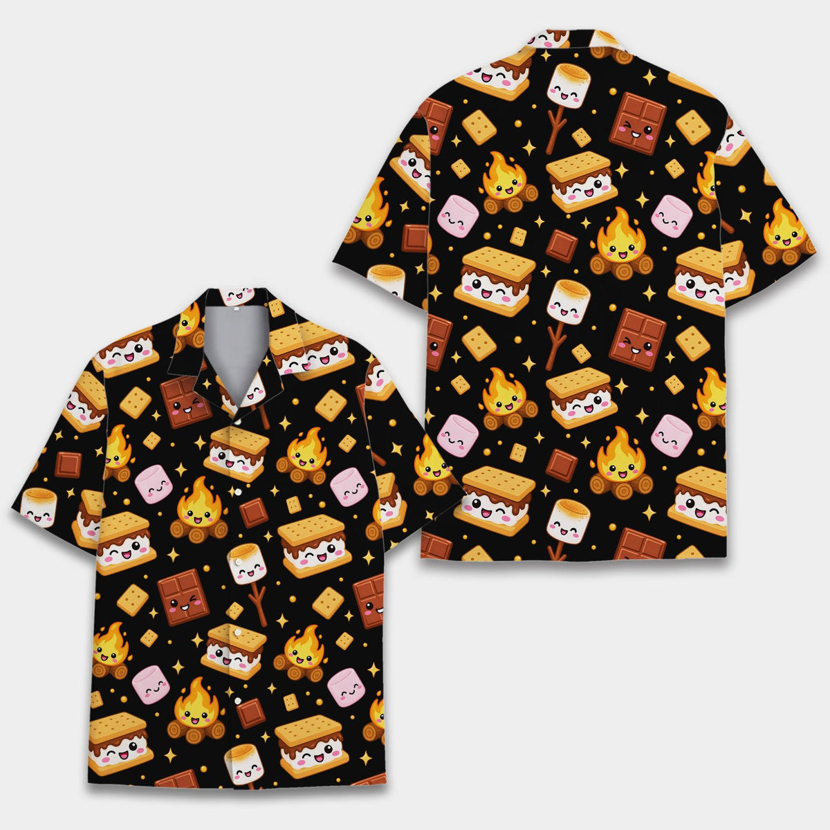 Close up front view of the black s'mores hawaiian shirt
