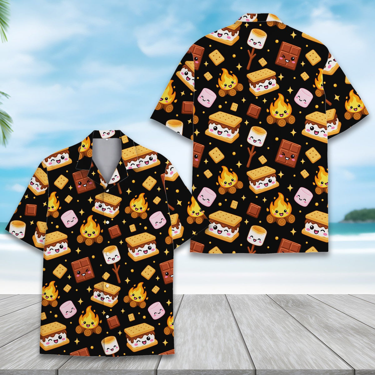 Black s'mores hawaiian shirt with kawaii pattern, main view