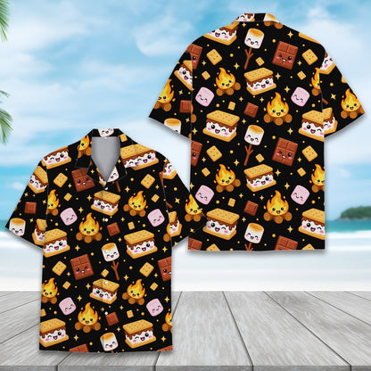 Black s'mores hawaiian shirt with kawaii pattern, main view