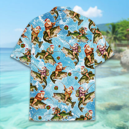 Detailed back view of the all-over Santa fishing print