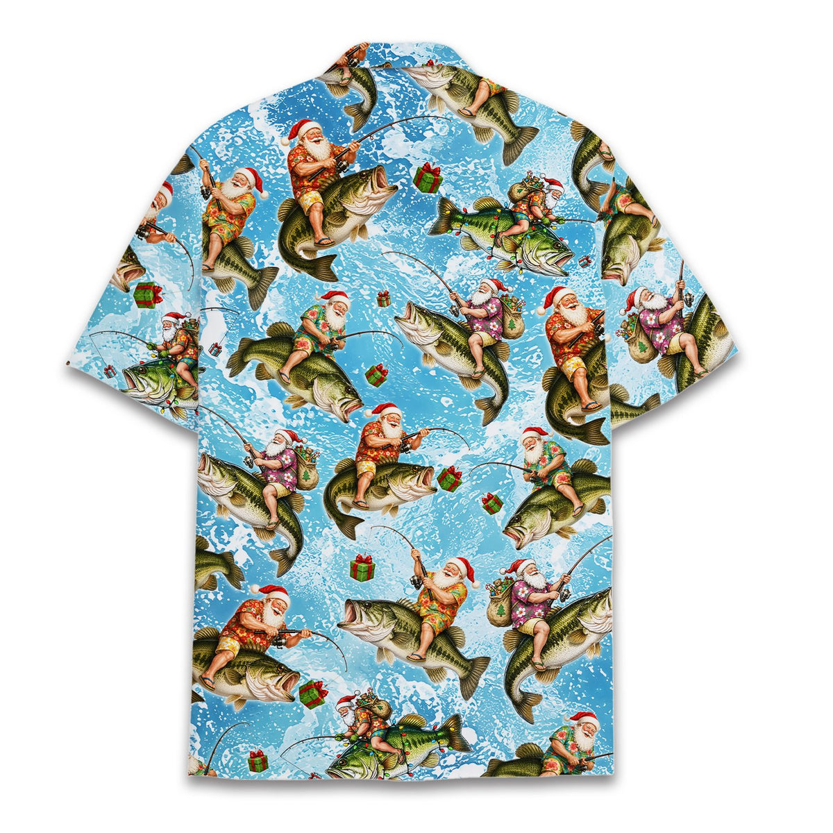 Back view of the santa fishing on bass hawaiian shirt