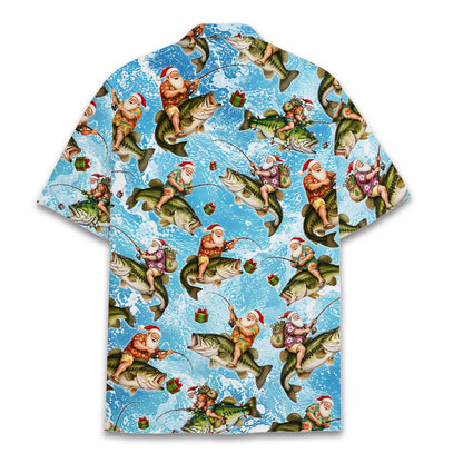 Back view of the santa fishing on bass hawaiian shirt
