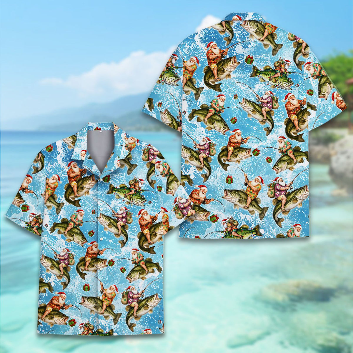Detailed front view of the Santa riding a bass design on the hawaiian shirt