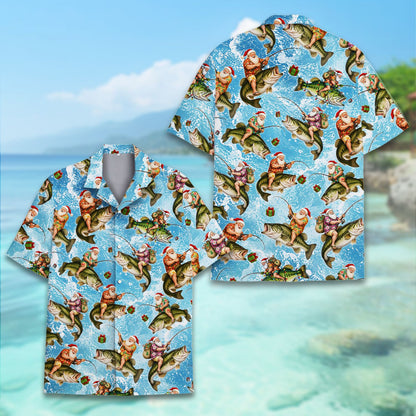 Detailed front view of the Santa riding a bass design on the hawaiian shirt