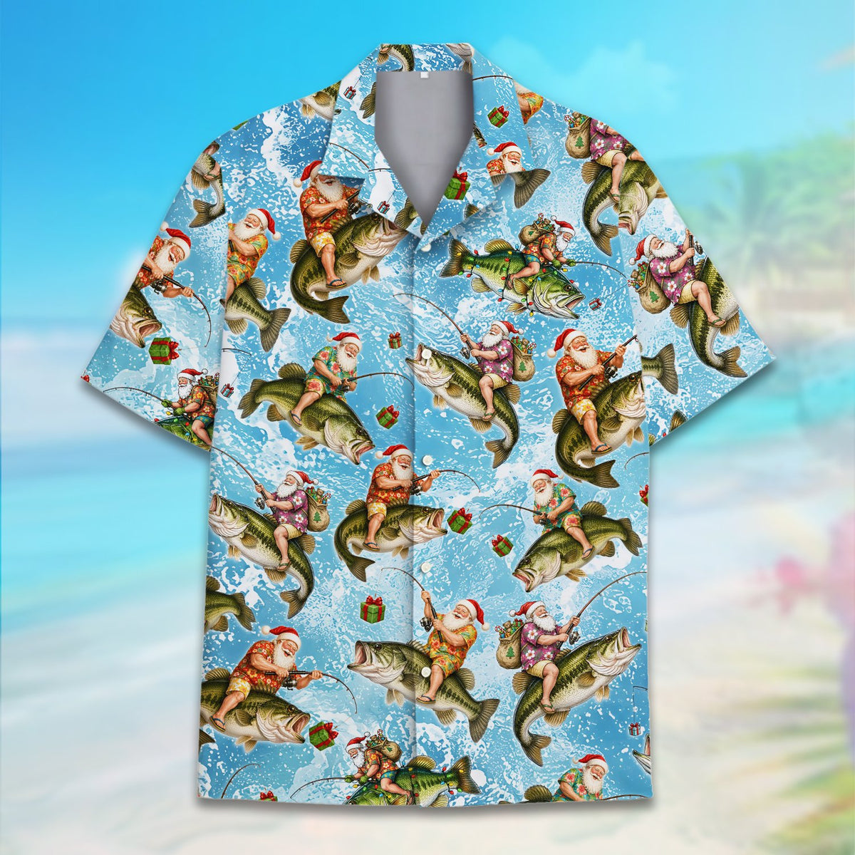 Another front view angle of the holiday hawaiian shirt