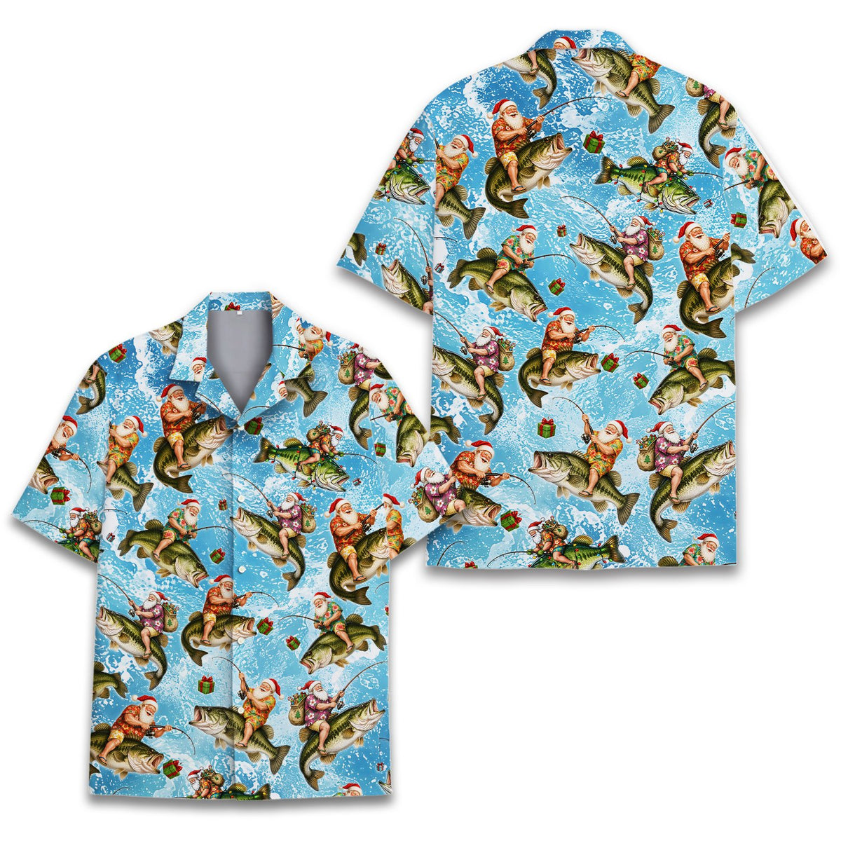 Main view of the santa fishing on bass hawaiian shirt featuring a blue splash pattern and floating gifts