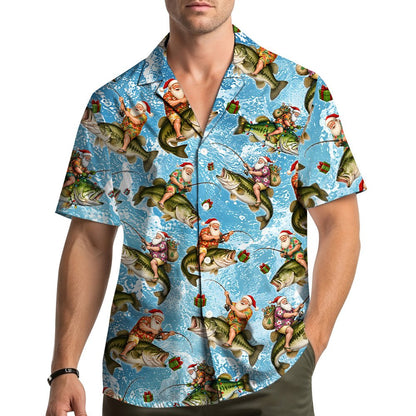Lifestyle image showing an adult wearing the santa fishing on bass hawaiian shirt