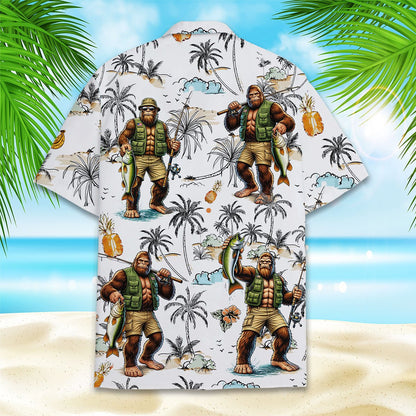 Detailed back view of the bigfoot fishing hawaiian shirt pattern