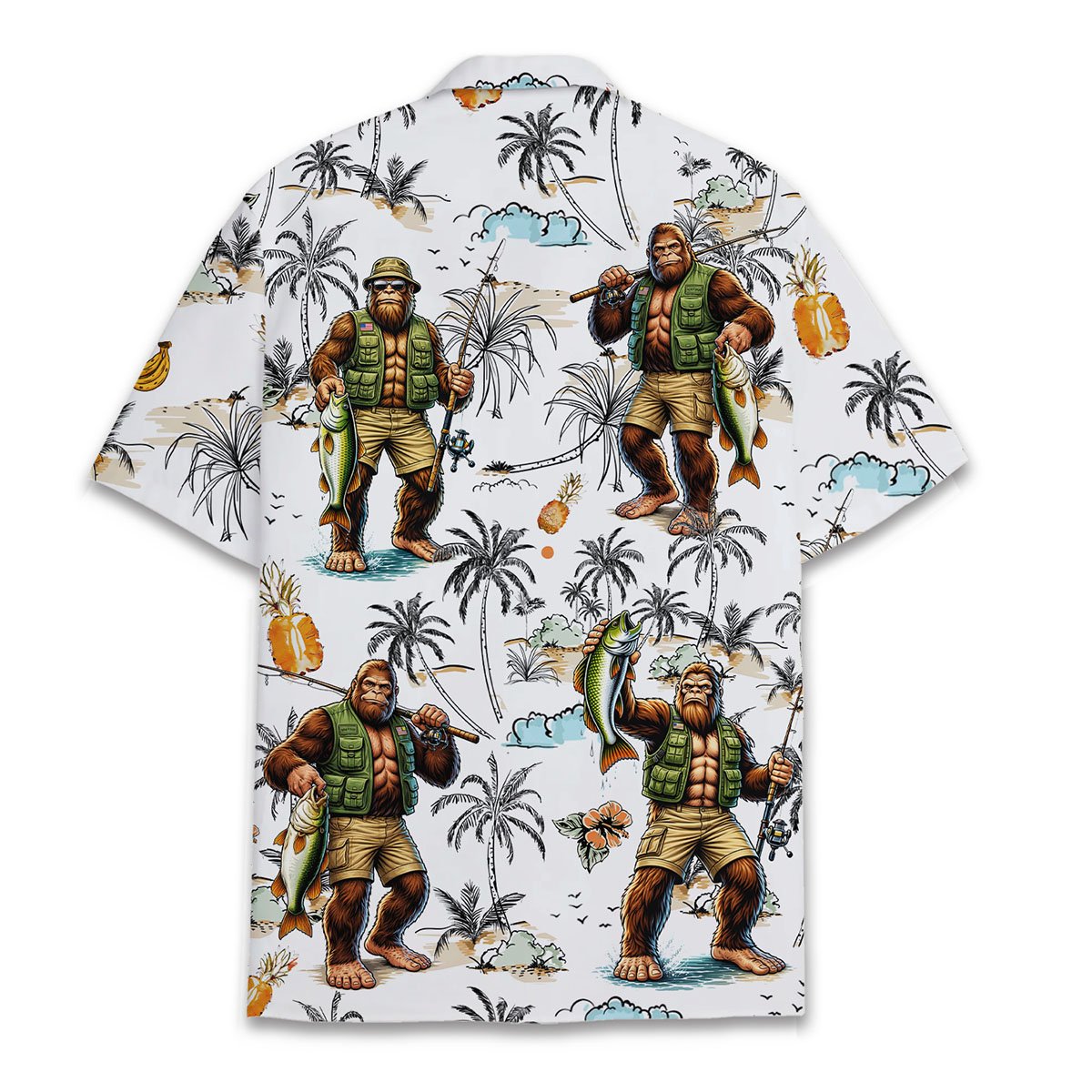 Back view of the sasquatch fishing hawaiian shirt