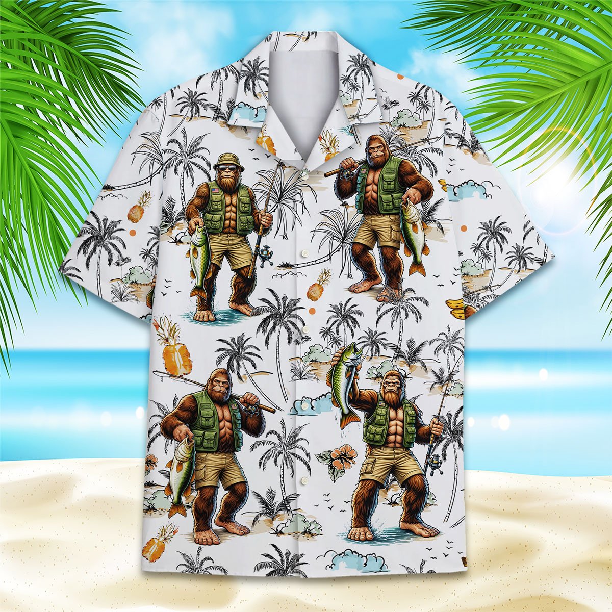 Front view of the white sasquatch hawaiian shirt