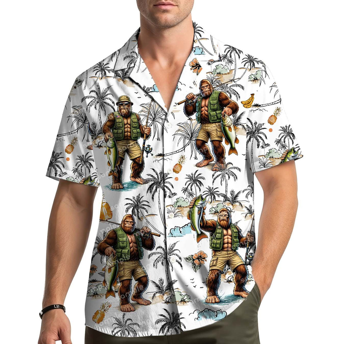 Lifestyle view showing the sasquatch fishing hawaiian shirt worn outdoors