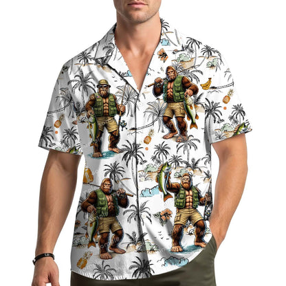 Lifestyle view showing the sasquatch fishing hawaiian shirt worn outdoors