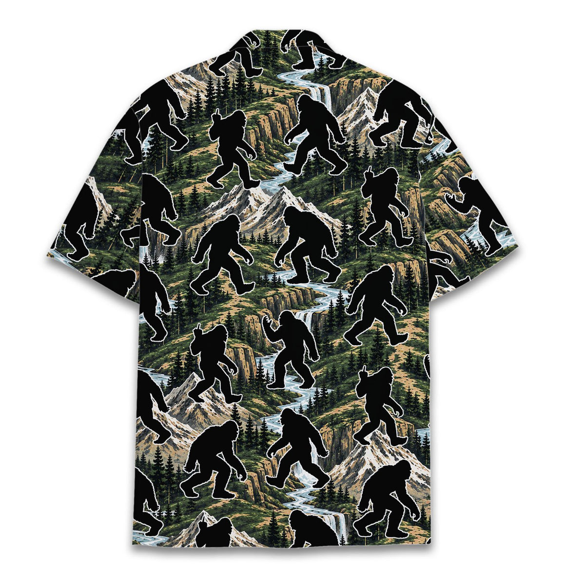 Back view of the green sasquatch hawaiian shirt showing the repeating pattern