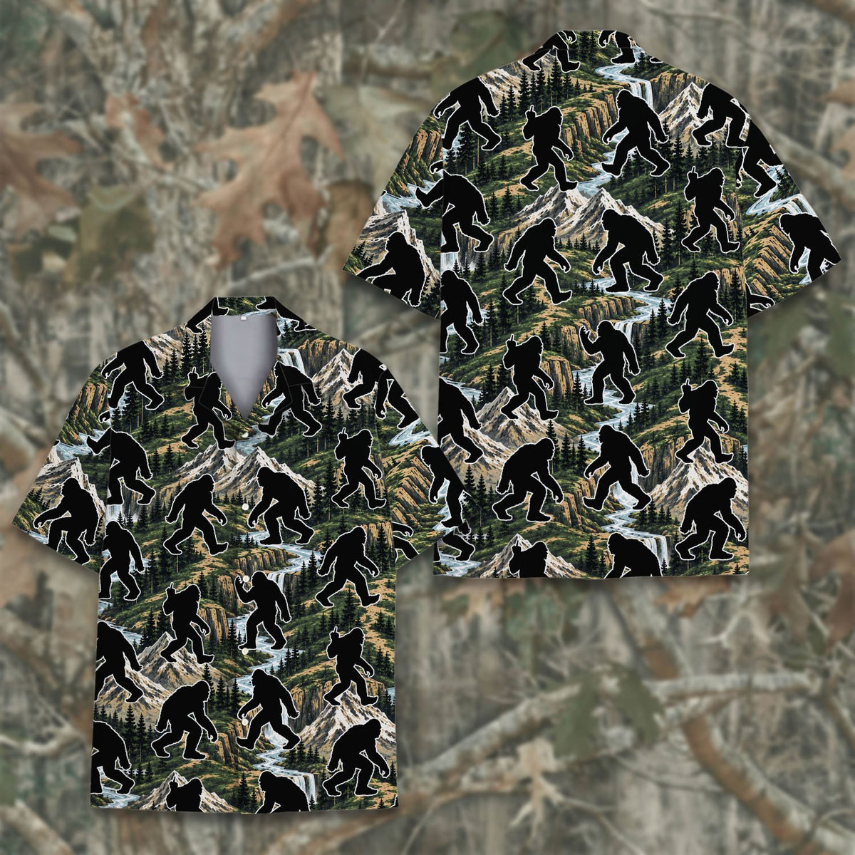 Another front view of the sasquatch hawaiian shirt in green